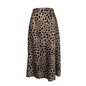 Leopard Print Midi Skirt  A-Line Silhouette Tan Black Size L pull on satin feel